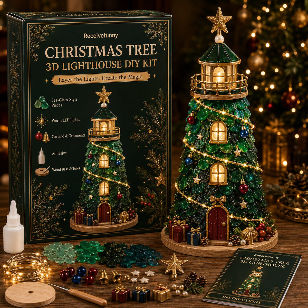 🎄Beginner-Friendly DIY Lighted Christmas Character Sea Glass-Style Lighthouse Kit Collection