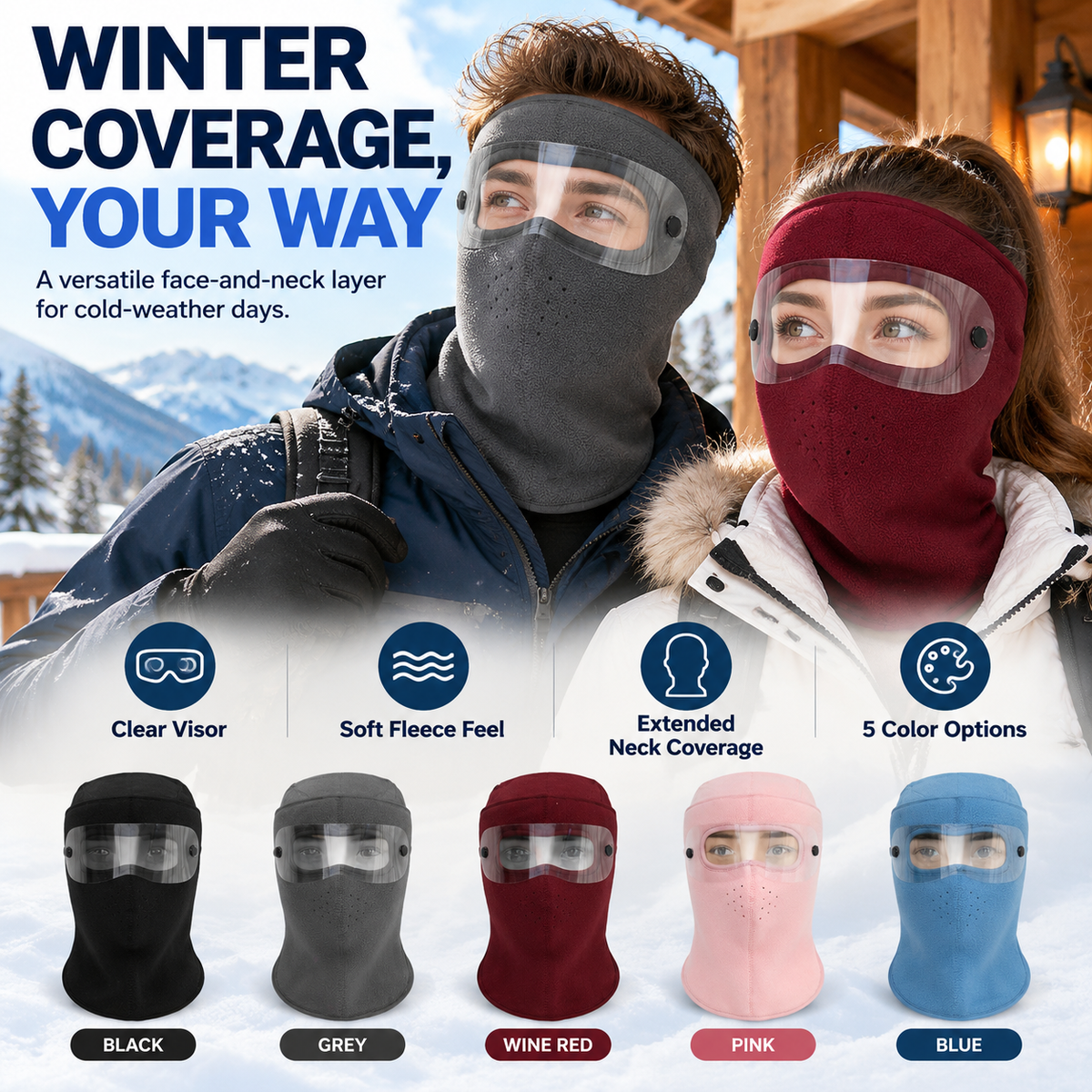 Winter Windproof Face Mask with Detachable Goggles – Unisex Fleece Balaclava