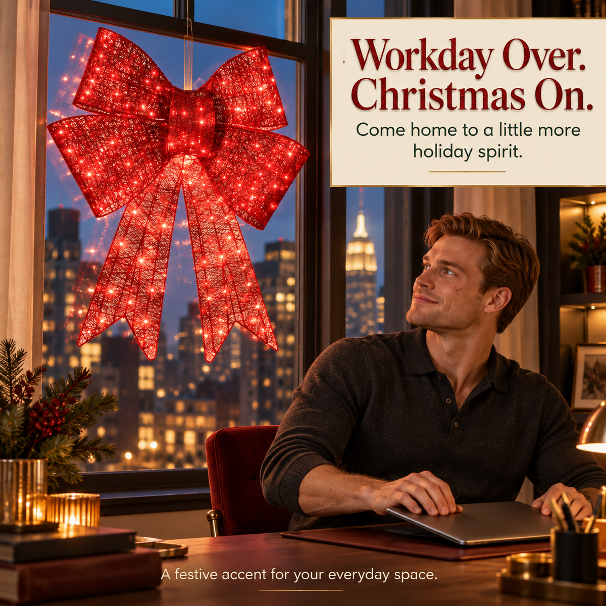 Pre-lit Christmas bow, large outdoor LED-illuminated holiday decoration with 8 lighting functions and hanging hook.