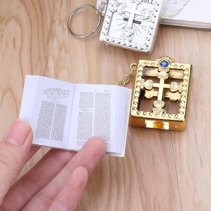 Mini Holy Bible Keychain Religious Favor Christian Jesus Keychain Keyring (Golden and Silver)