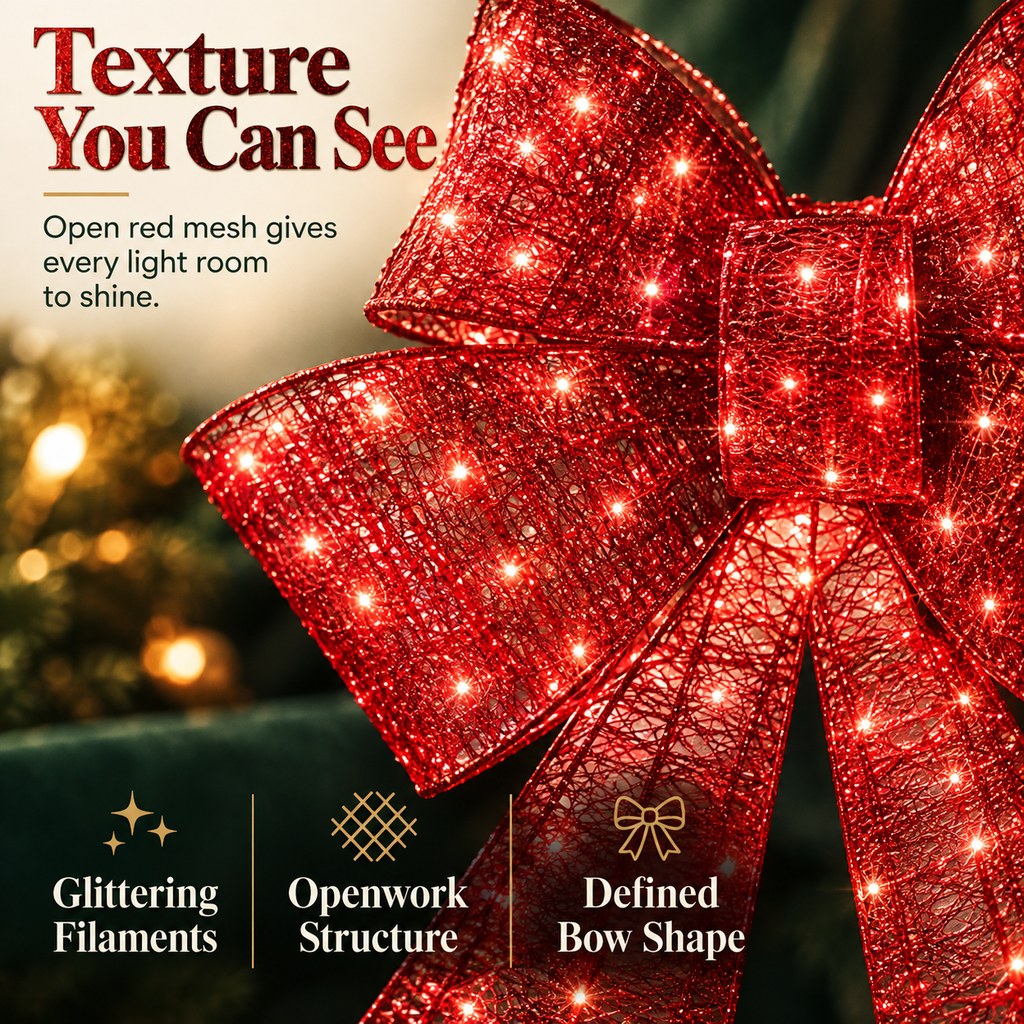 Pre-lit Christmas bow, large outdoor LED-illuminated holiday decoration with 8 lighting functions and hanging hook.